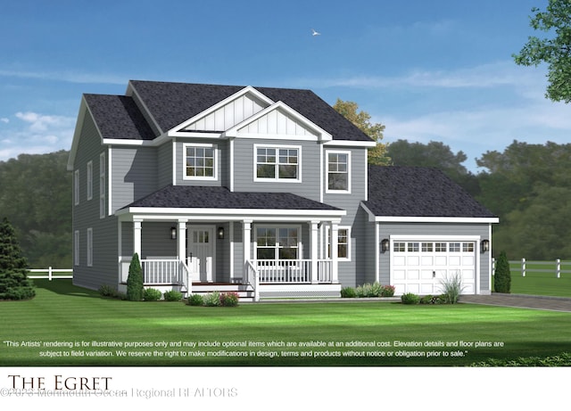 view of front of house featuring covered porch, a front yard, and a garage