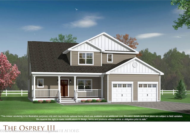 view of front facade featuring covered porch, a garage, and a front lawn