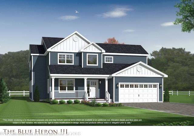 view of front of home featuring a garage, covered porch, and a front yard