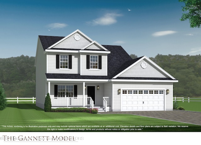 view of front of property with covered porch, a garage, and a front lawn