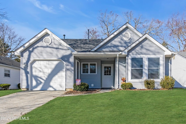 single story home featuring a front yard and a garage