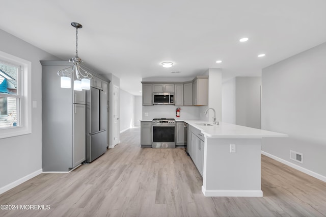 kitchen with kitchen peninsula, appliances with stainless steel finishes, sink, pendant lighting, and gray cabinets