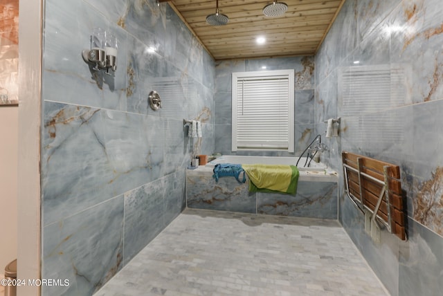 bathroom featuring shower with separate bathtub, wooden ceiling, and tile walls