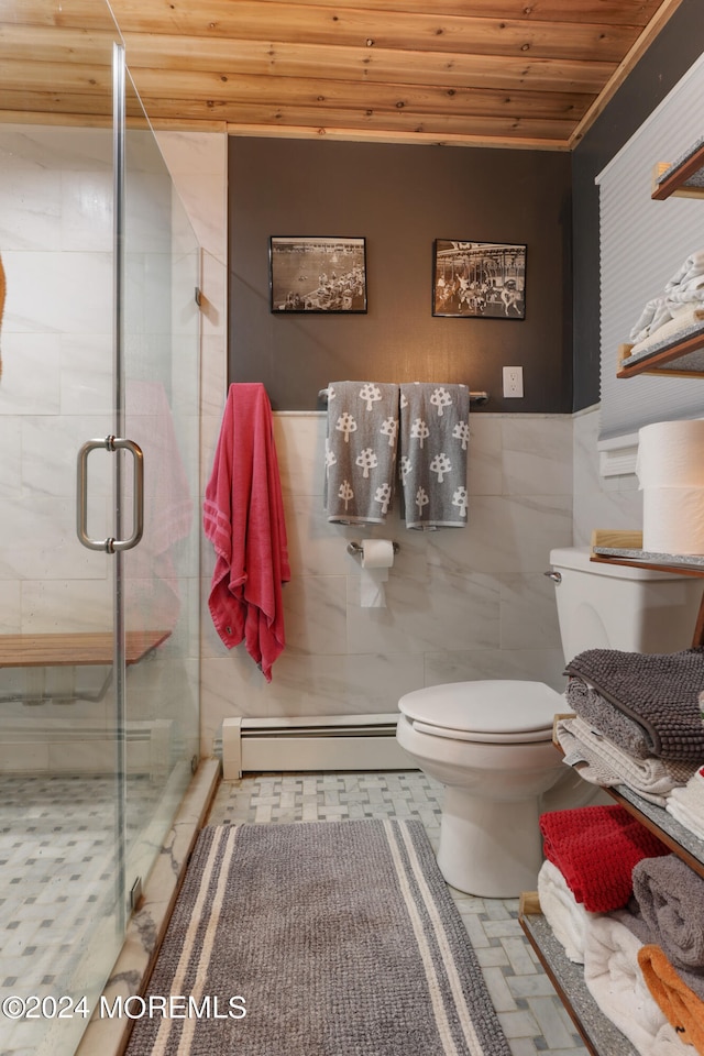 bathroom featuring an enclosed shower, baseboard heating, tile walls, wooden ceiling, and toilet