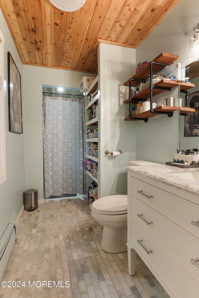 bathroom with toilet, a shower with shower curtain, wooden ceiling, and a baseboard heating unit