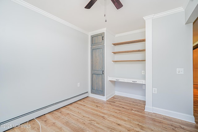 10 Inverell Dr, Toms River, NJ 08757 - unfurnished bedroom featuring a baseboard heating unit, crown molding, light wood-style floors, baseboards, and ceiling fan