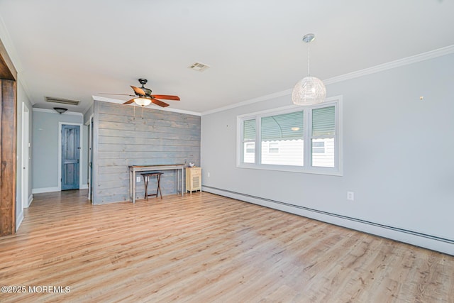 10 Inverell Dr, Toms River, NJ 08757 - unfurnished living room featuring ornamental molding, baseboard heating, wood finished floors, ceiling fan, and baseboards