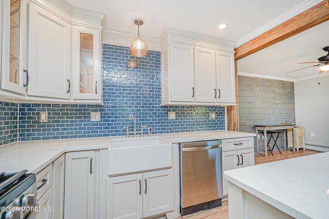 10 Inverell Dr, Toms River, NJ 08757 - kitchen featuring appliances with stainless steel finishes, ceiling fan, a sink, tasteful backsplash, and crown molding