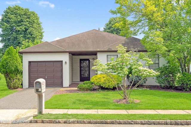 17 Suffolk Way, Marlboro, NJ 07746 - single story home with a garage, asphalt driveway, stucco siding, a front yard, and roof with shingles