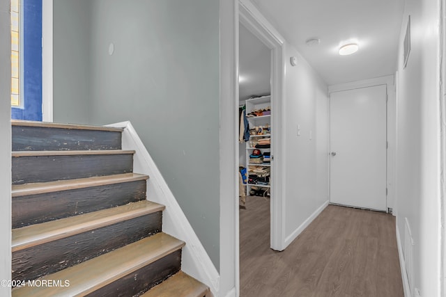 stairway featuring hardwood / wood-style flooring