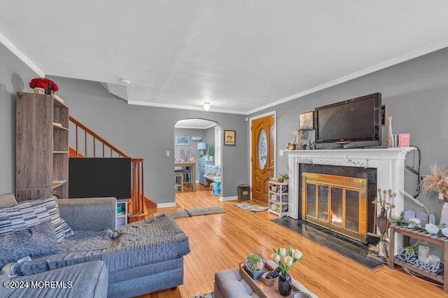 living room featuring hardwood / wood-style flooring and crown molding