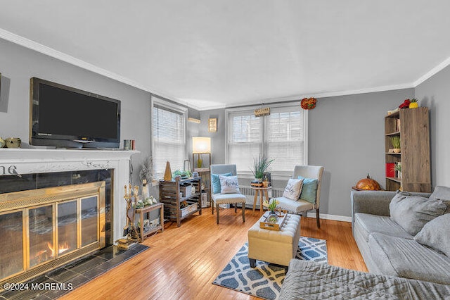 living room featuring crown molding and hardwood / wood-style floors