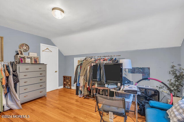 walk in closet with lofted ceiling and light wood-type flooring