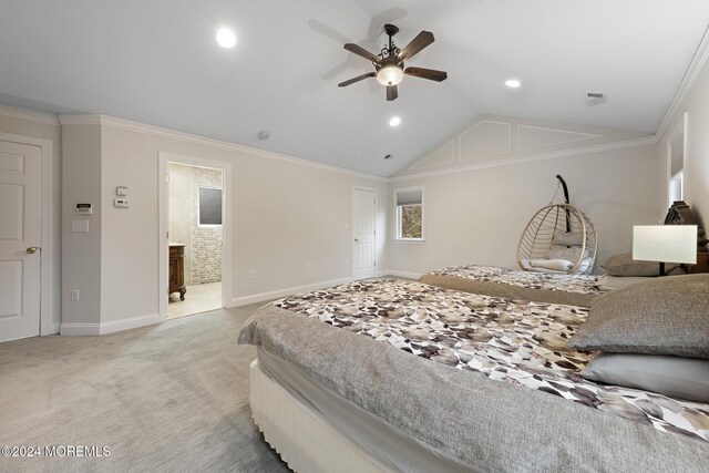 bedroom with lofted ceiling, light colored carpet, ceiling fan, and ornamental molding