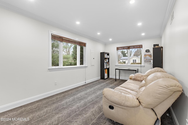 living room with ornamental molding, dark carpet, and a healthy amount of sunlight