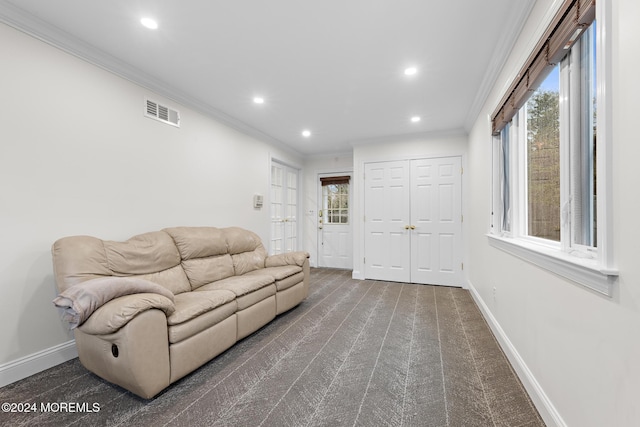 carpeted living room with a healthy amount of sunlight and crown molding