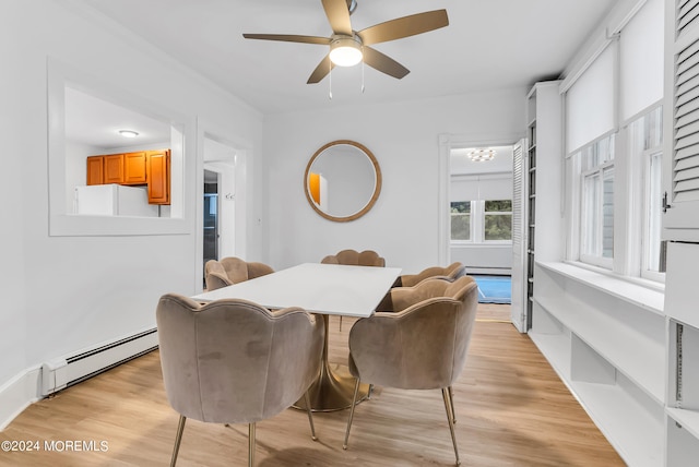 dining area featuring light hardwood / wood-style flooring, baseboard heating, and ceiling fan