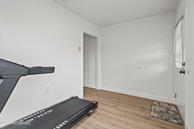 exercise room featuring light hardwood / wood-style flooring