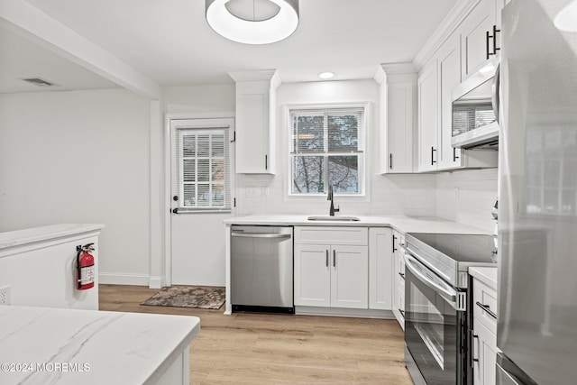 kitchen with backsplash, light wood-type flooring, white cabinetry, and stainless steel appliances