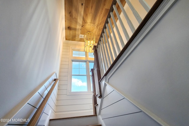 stairway with a chandelier