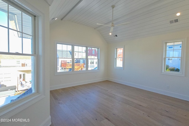 unfurnished room featuring light wood-type flooring, ceiling fan, lofted ceiling, and wood ceiling