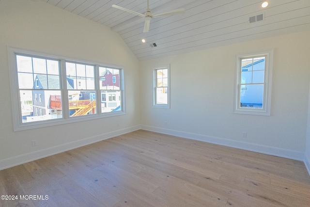 empty room featuring ceiling fan, light hardwood / wood-style floors, wood ceiling, and vaulted ceiling