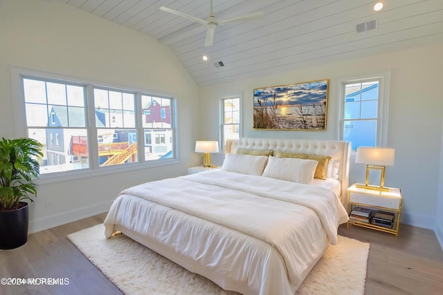 bedroom with wood ceiling, ceiling fan, wood-type flooring, and lofted ceiling