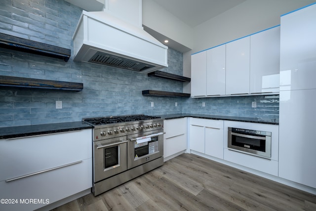 kitchen featuring premium range hood, white cabinets, light wood-type flooring, tasteful backsplash, and stainless steel appliances