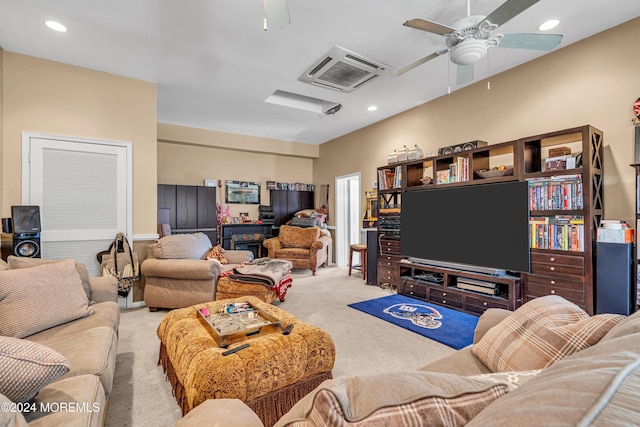 living room with ceiling fan and light carpet