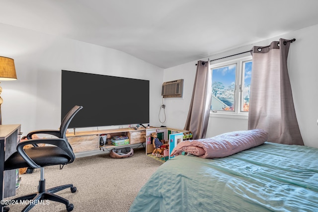 bedroom featuring a wall unit AC, carpet, and lofted ceiling