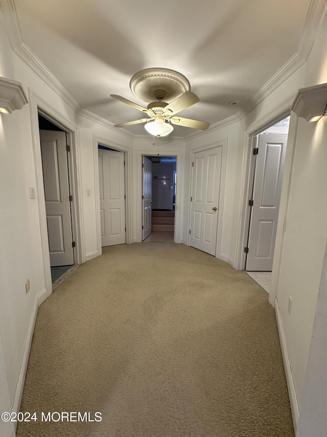 hallway featuring light colored carpet and ornamental molding