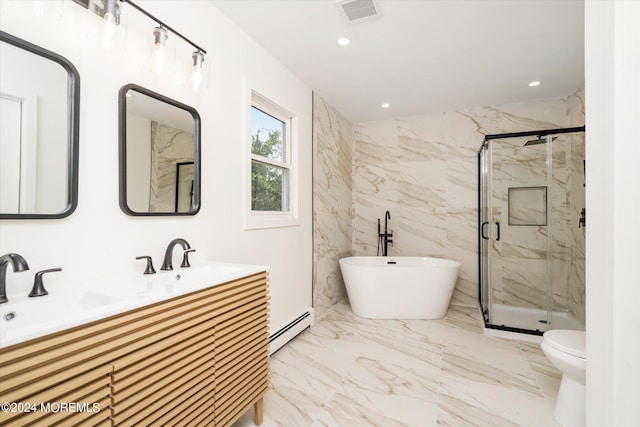 full bathroom with shower with separate bathtub, vanity, toilet, and a baseboard heating unit