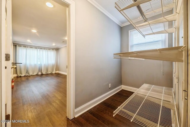 laundry area with crown molding and dark hardwood / wood-style flooring