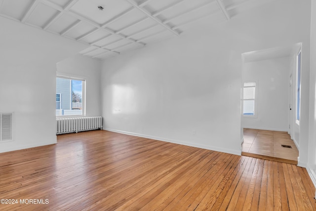 spare room with plenty of natural light, radiator, and light hardwood / wood-style flooring