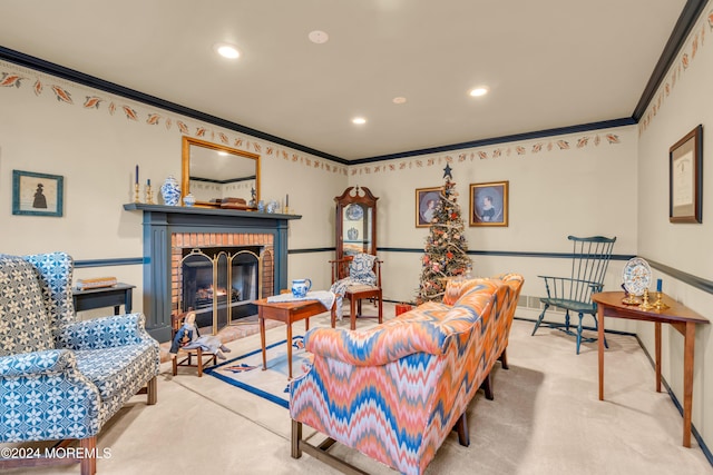 carpeted living room featuring a brick fireplace and crown molding