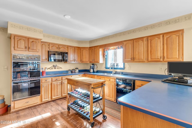 kitchen with black appliances, sink, and light hardwood / wood-style flooring