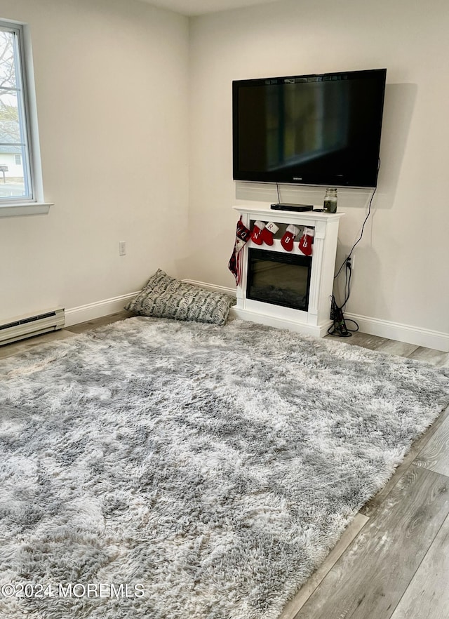 living room with hardwood / wood-style flooring and a baseboard radiator