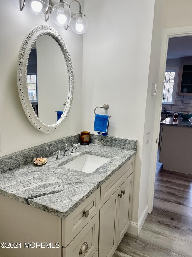 bathroom with vanity and wood-type flooring