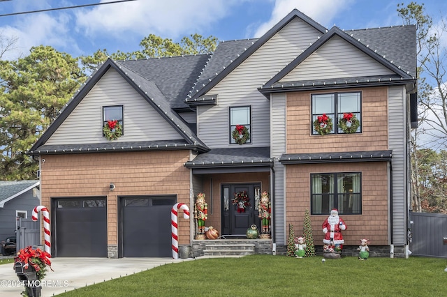 view of front facade with a front yard and a garage