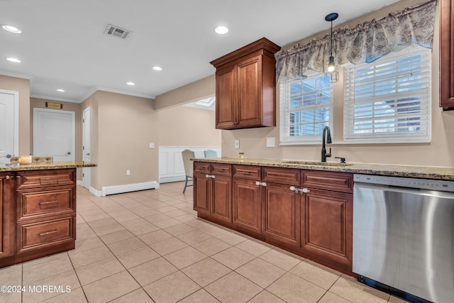 kitchen with dishwasher, crown molding, sink, light tile patterned floors, and decorative light fixtures