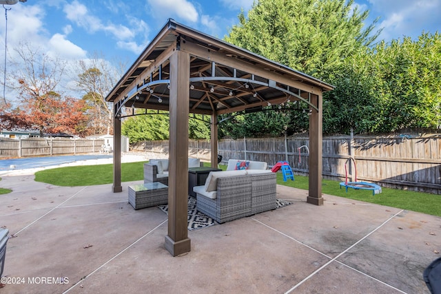 view of patio with a gazebo and an outdoor hangout area