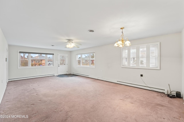 unfurnished room featuring ceiling fan with notable chandelier, carpet floors, and baseboard heating