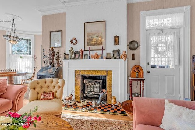 living area featuring ornamental molding