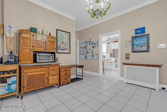 tiled office space with crown molding, radiator, and an inviting chandelier