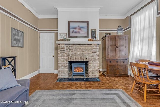 living room featuring a brick fireplace, parquet floors, and crown molding