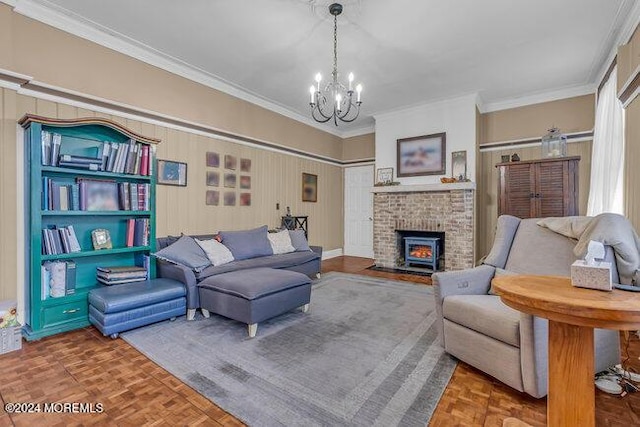 living room featuring a wood stove, parquet floors, and crown molding