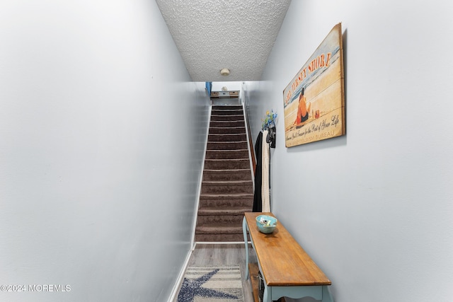 stairs featuring wood-type flooring and a textured ceiling