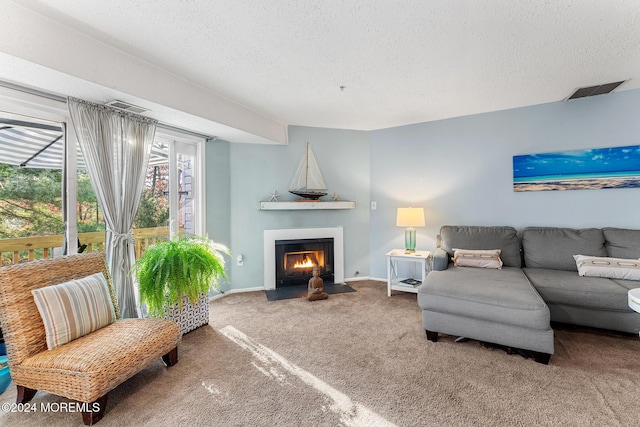 living room with carpet flooring and a textured ceiling