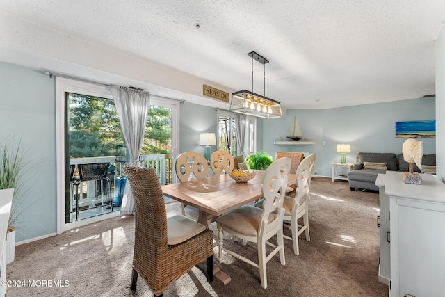 dining area with carpet and a textured ceiling