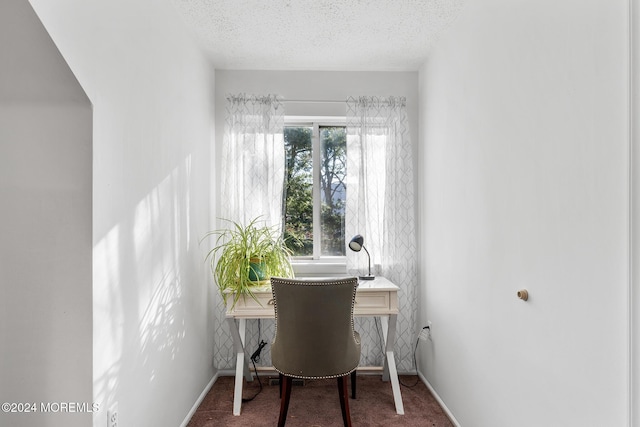 carpeted home office with a textured ceiling